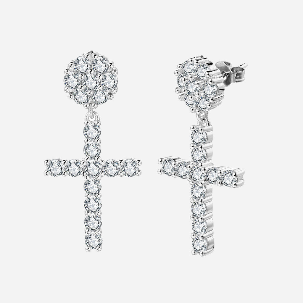 CZ Paved Round Stud Earrings with Dangle Cross - Silver-Stud Earrings-1-Glitters