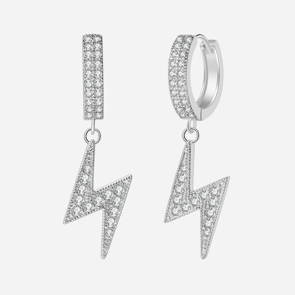 CZ Paved Huggie Hoop Earrings with Dangle Lightning Bolt - Silver-Stud Earrings-1-Glitters