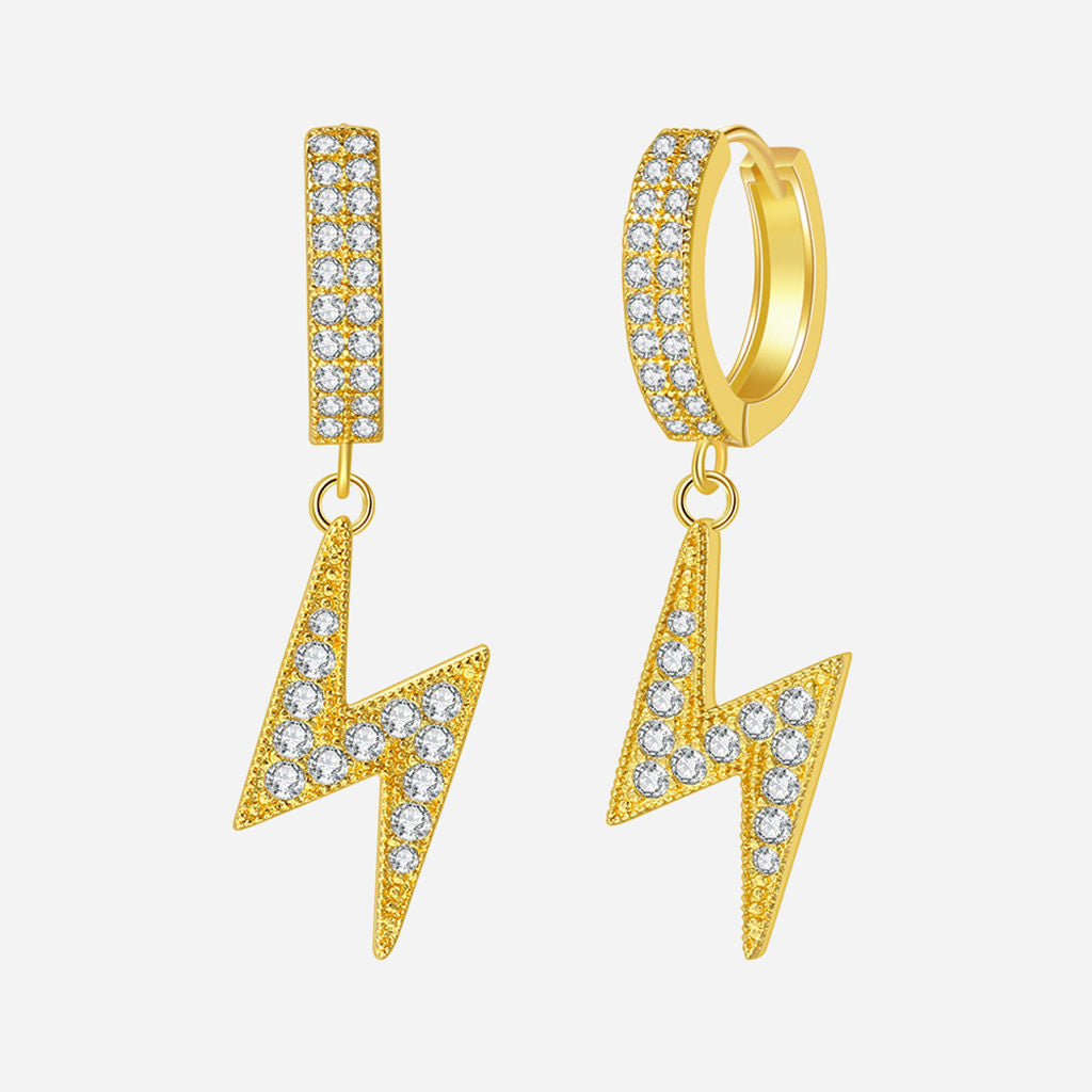 CZ Paved Huggie Hoop Earrings with Dangle Lightning Bolt - Gold-Stud Earrings-1-Glitters