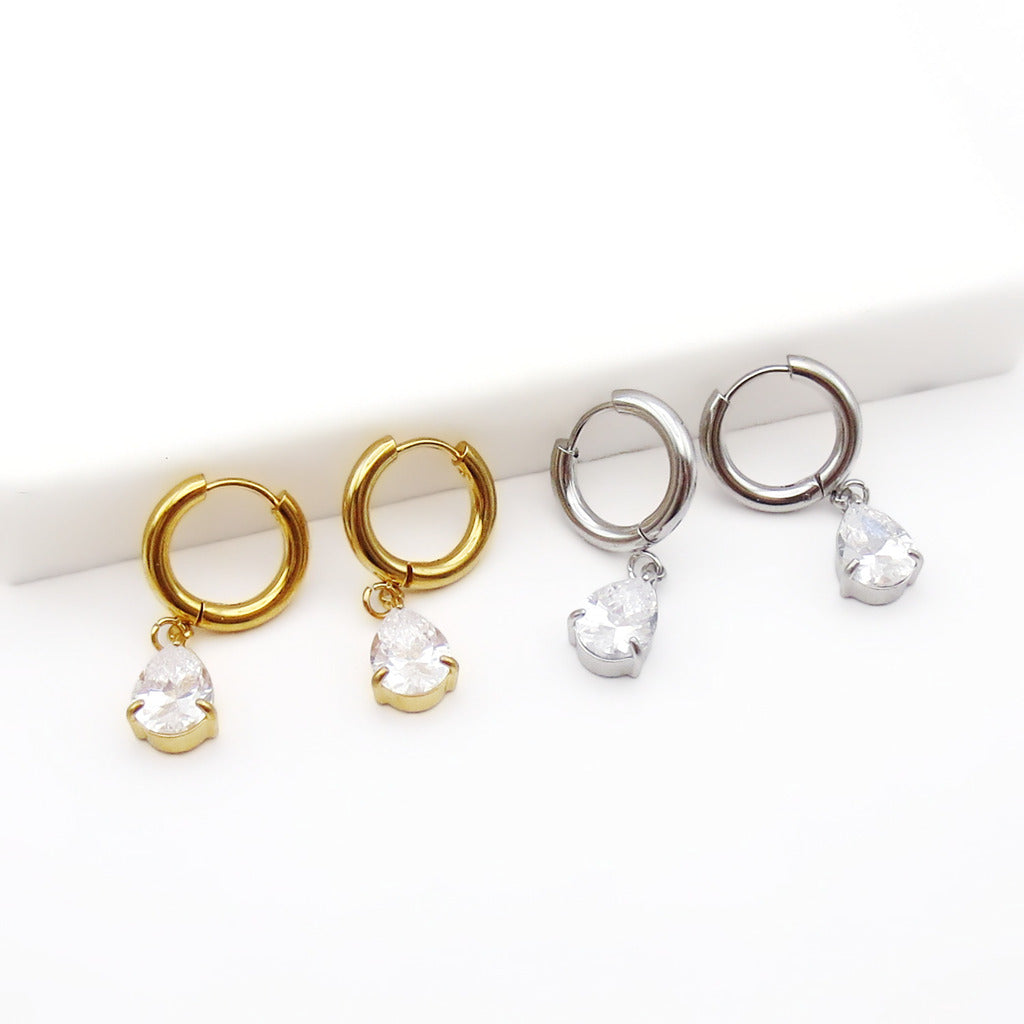 Stainless Steel Pear Cut CZ Dangle Hoop Earrings-Earrings-1-Glitters