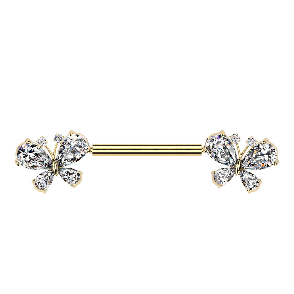 CZ Butterfly Threadless Push In Nipple Barbell - Gold-Nipple Barbells-1-Glitters