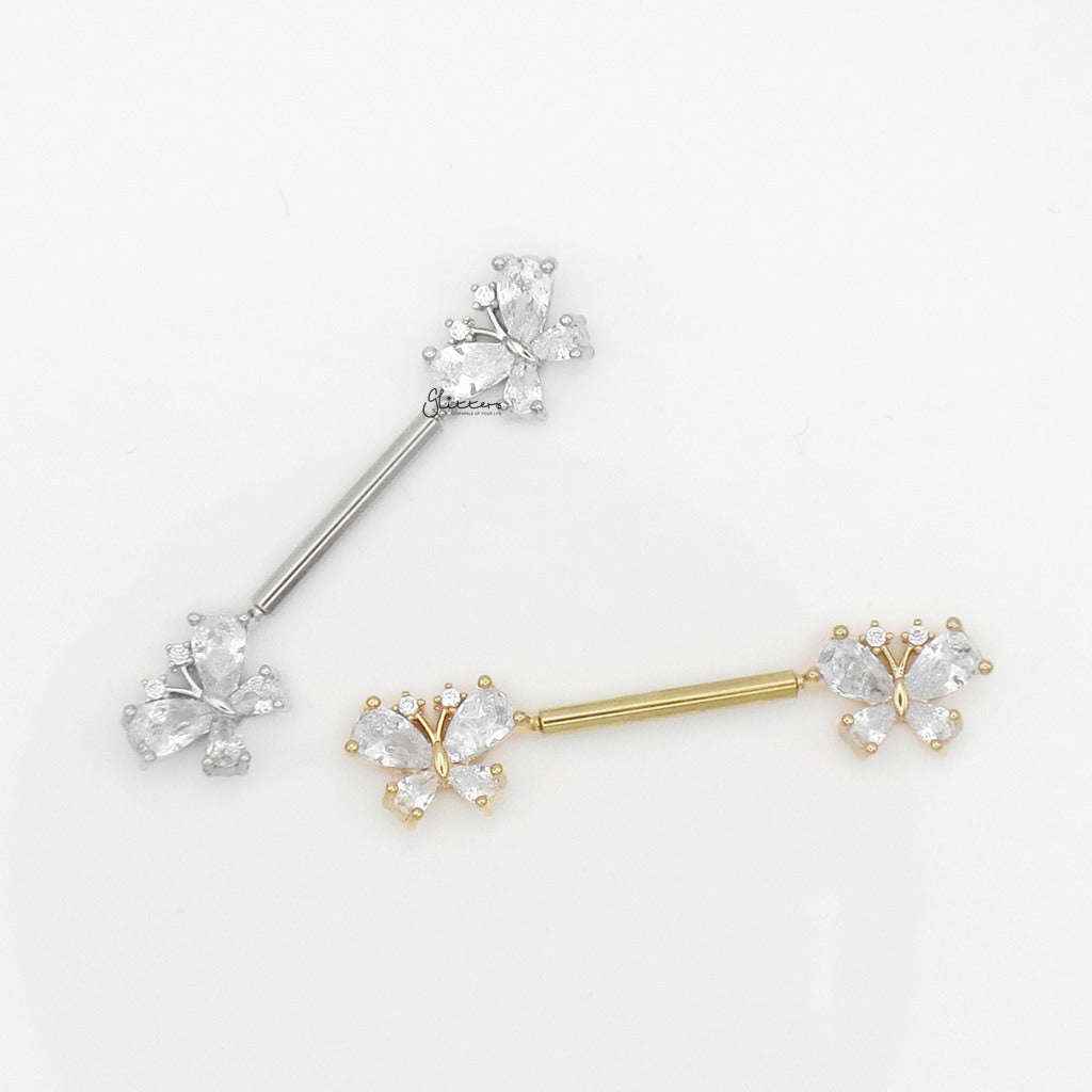 CZ Butterfly Threadless Push In Nipple Barbell - Gold-Nipple Barbells-4-Glitters