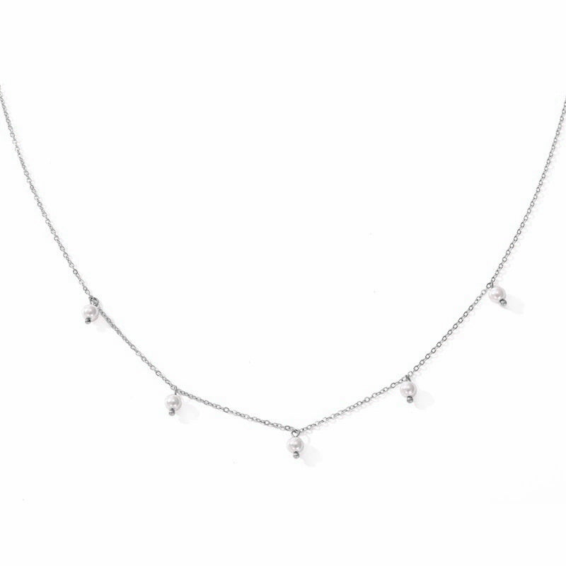 Stainless Steel Necklace with 5 Pearl Charms - Silver-Necklaces-1-Glitters