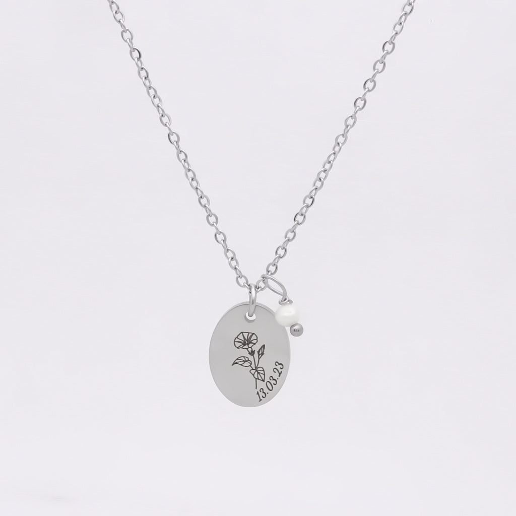 Personalised Oval Disc with Pearl Charm Necklace-Personalised Jewellery-1-Glitters