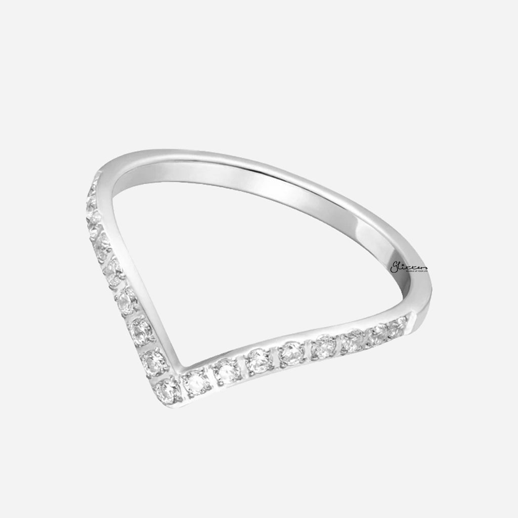 Stainless Steel V Shape CZ Paved Ring - Silver-Stainless Steel Rings-1-Glitters