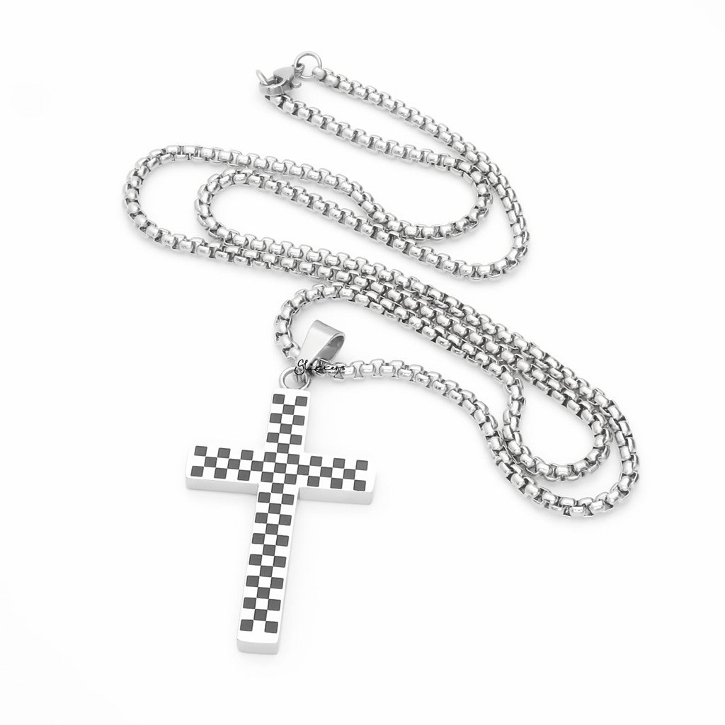 Stainless Steel Black & White Checkered Cross Pendant-Pendants-4-Glitters