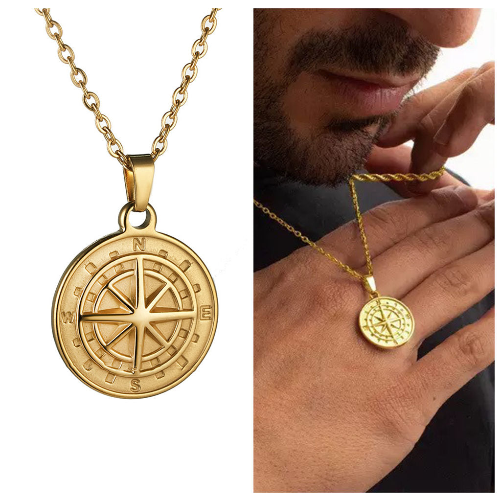 Stainless Steel Compass Rose Coin Pendant