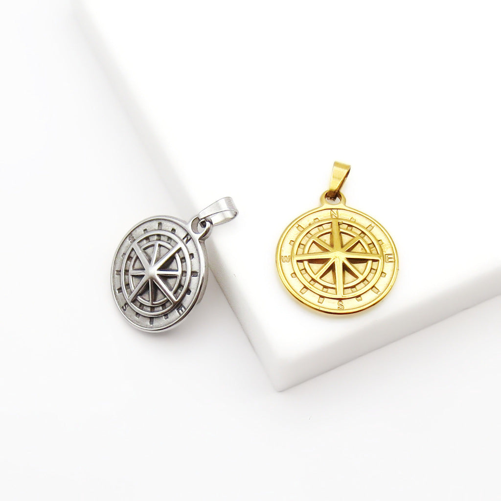 Stainless Steel Compass Rose Coin Pendant