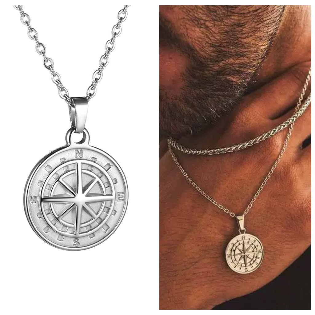 Stainless Steel Compass Rose Coin Pendant