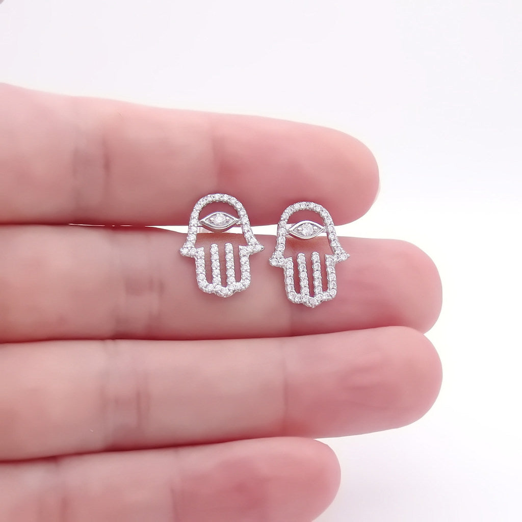 Sterling Silver Hamsa Hand CZ Stud Earrings