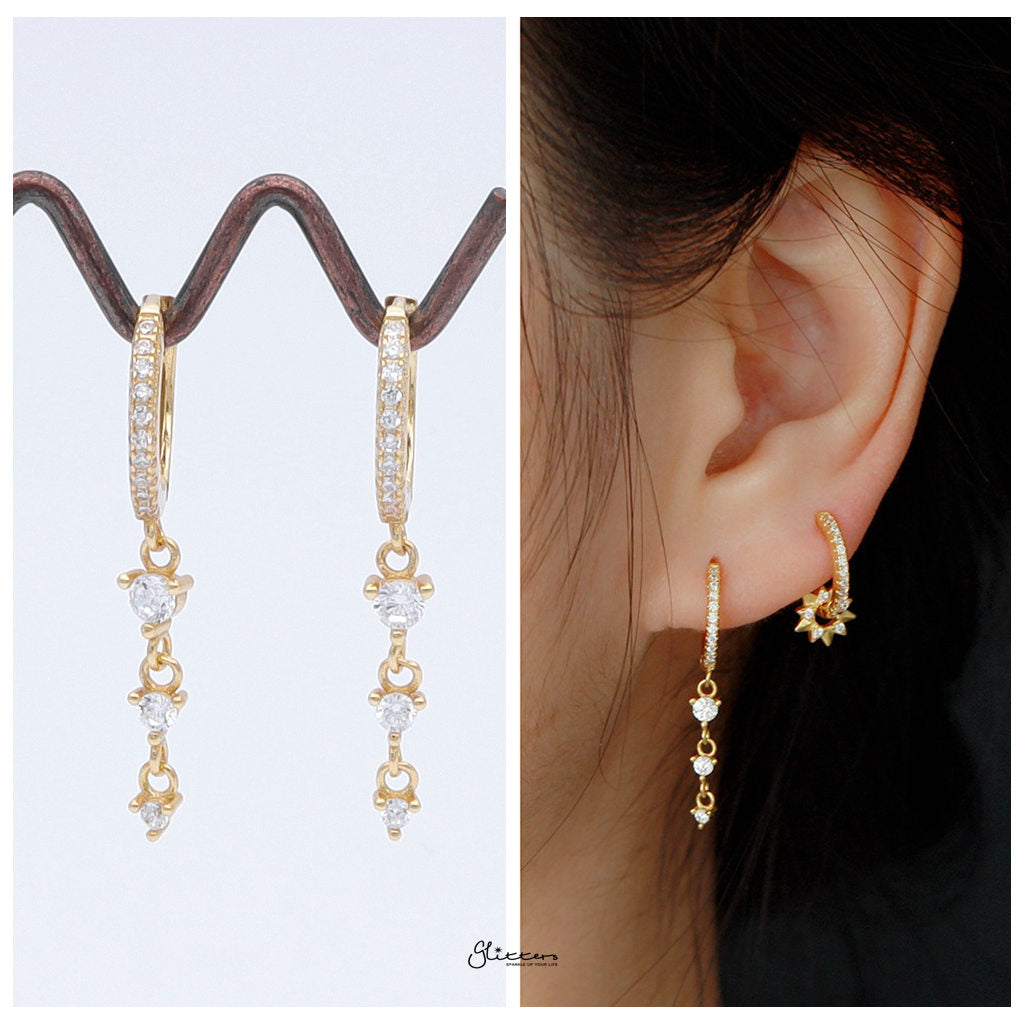 Triple Round CZ Charm Hoop Earrings - Gold-Hoop Earrings-3-Glitters