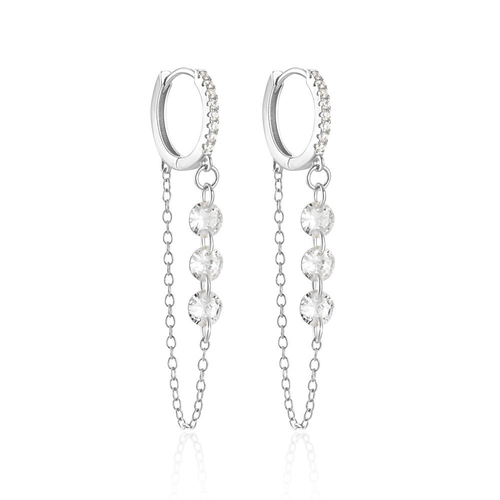 Sterling Silver Hoop Earrings with a Three CZs Chain - Silver-Hoop Earrings-1-Glitters