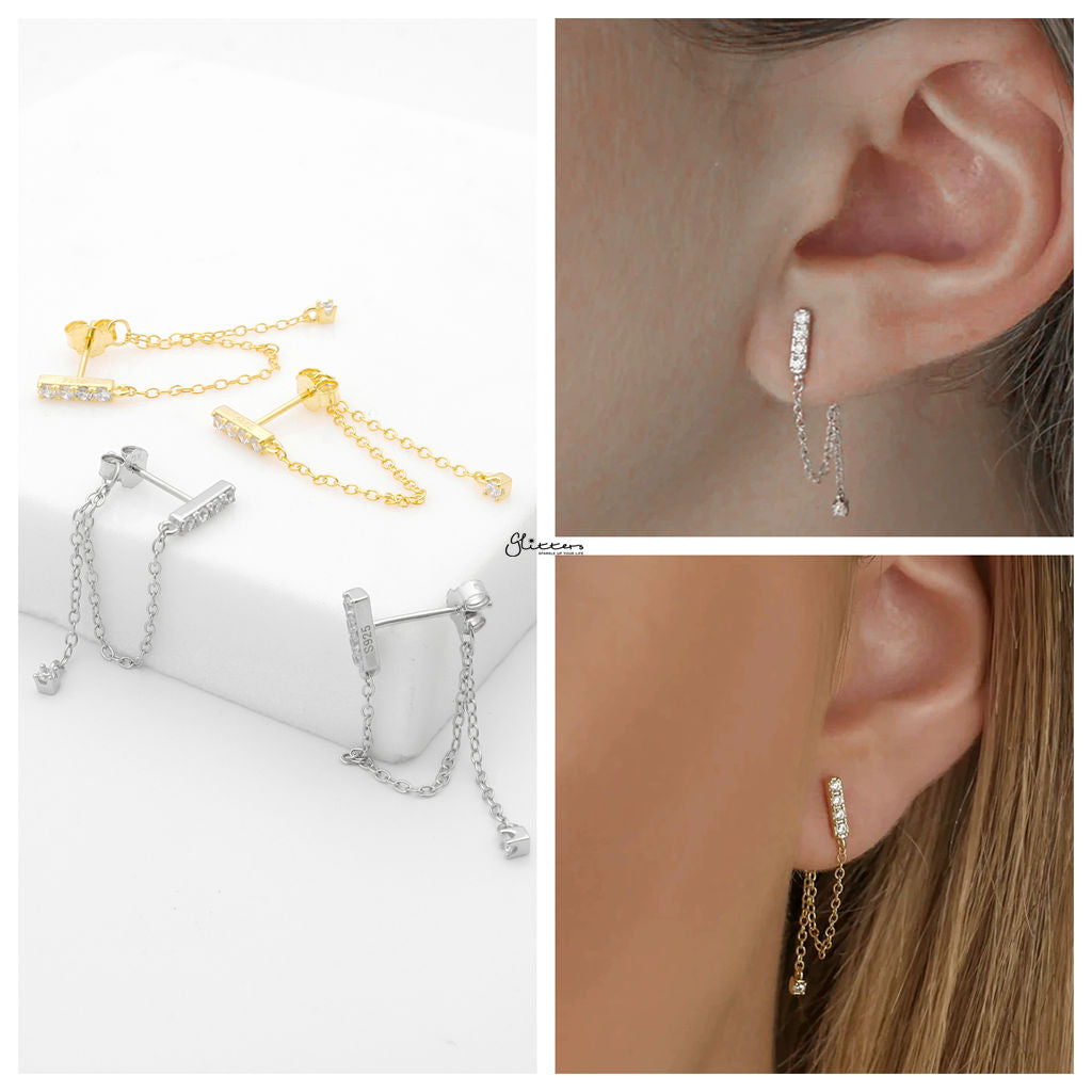 CZ Paved Bar with Chain Stud Earrings - Gold-Stud Earrings-2-Glitters