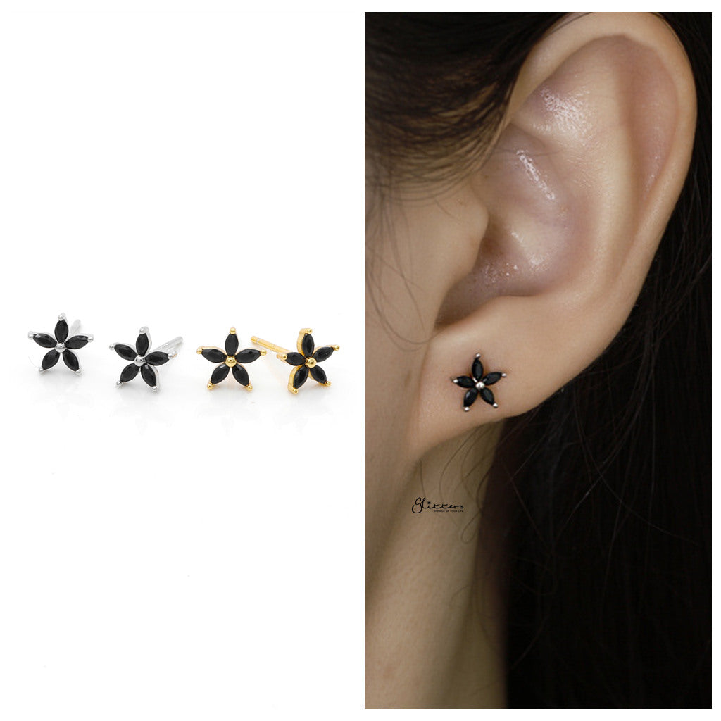 Black CZ Flower Stud Earrings-Stud Earrings-3-Glitters