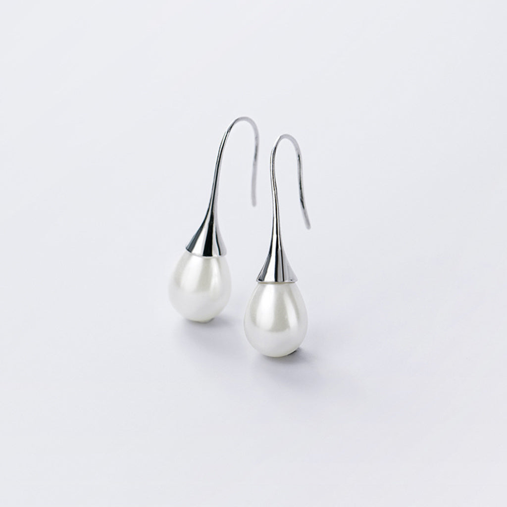 Teardrop Pearl Sterling Silver Hook Earrings - Silver