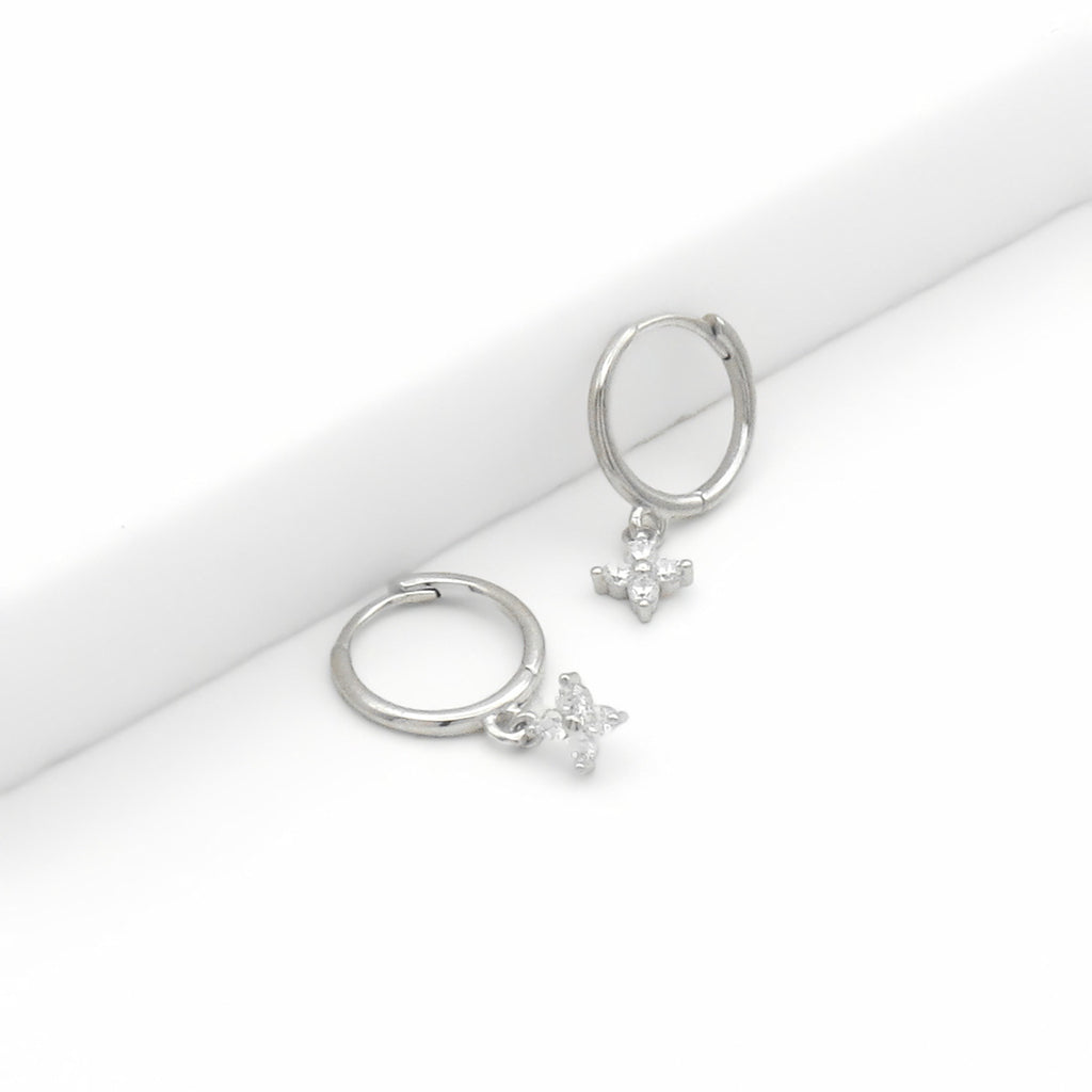 Sterling Silver Huggie Hoop Earrings with CZ Floral Dangle - Silver-Hoop Earrings-1-Glitters