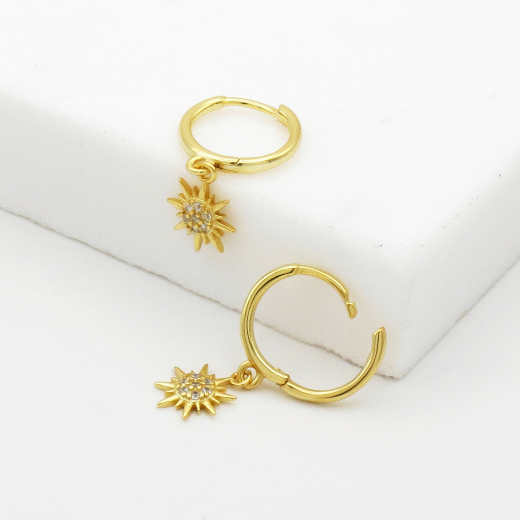 Sterling Silver CZ Sunburst Dangle Hoop Earrings - Gold