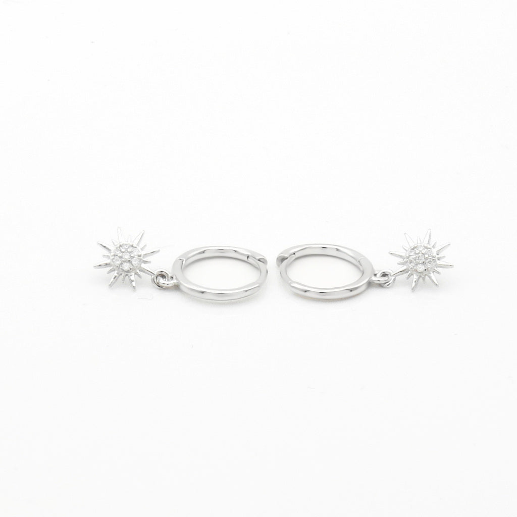 Sterling Silver CZ Sunburst Dangle Hoop Earrings - Silver