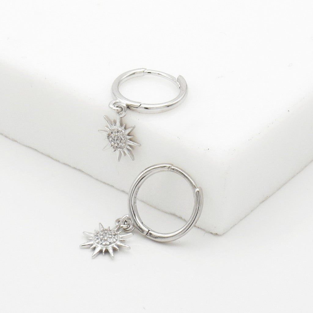 Sterling Silver CZ Sunburst Dangle Hoop Earrings - Silver