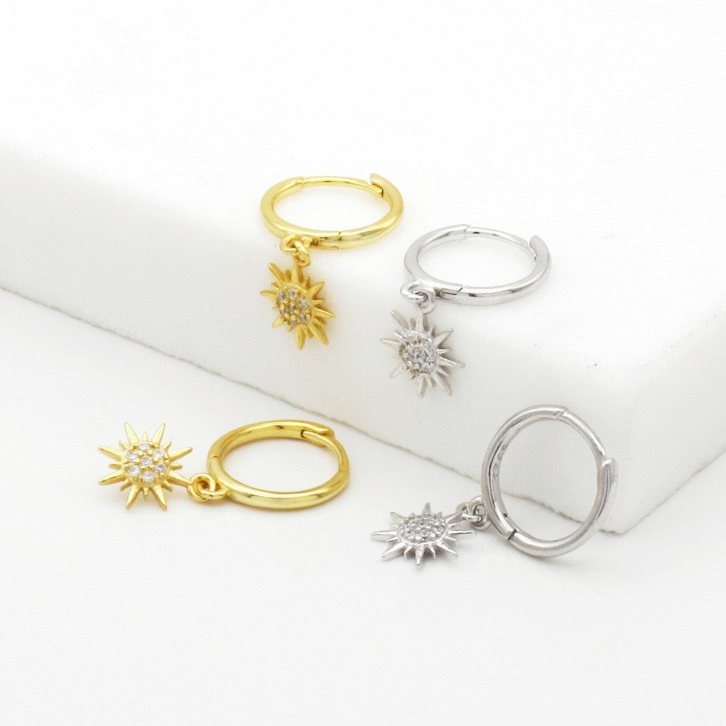 Sterling Silver CZ Sunburst Dangle Hoop Earrings - Silver