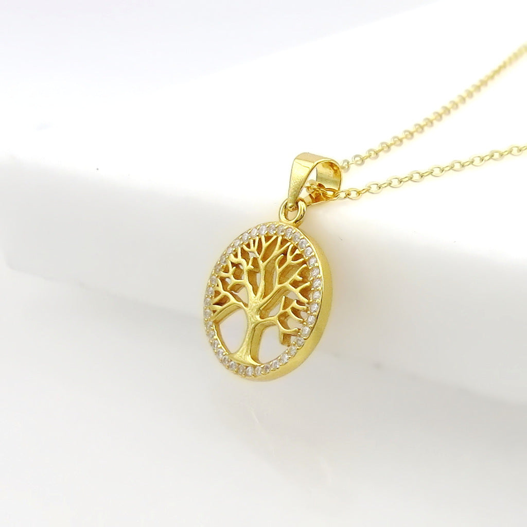 Sterling Silver CZ Pave Tree of Life Circle Pendant