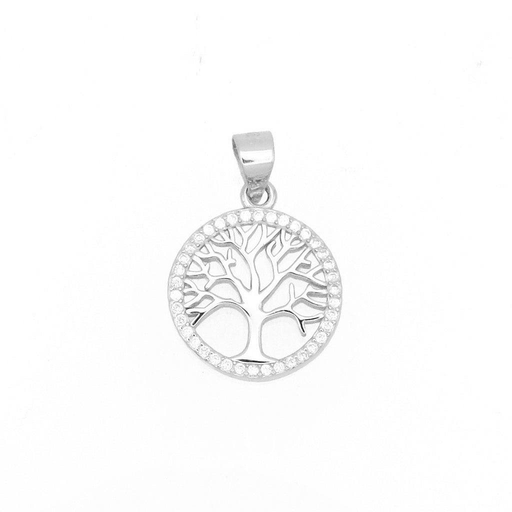Sterling Silver CZ Pave Tree of Life Circle Pendant