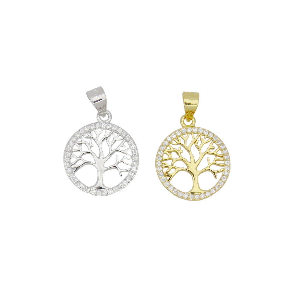 Sterling Silver CZ Pave Tree of Life Circle Pendant