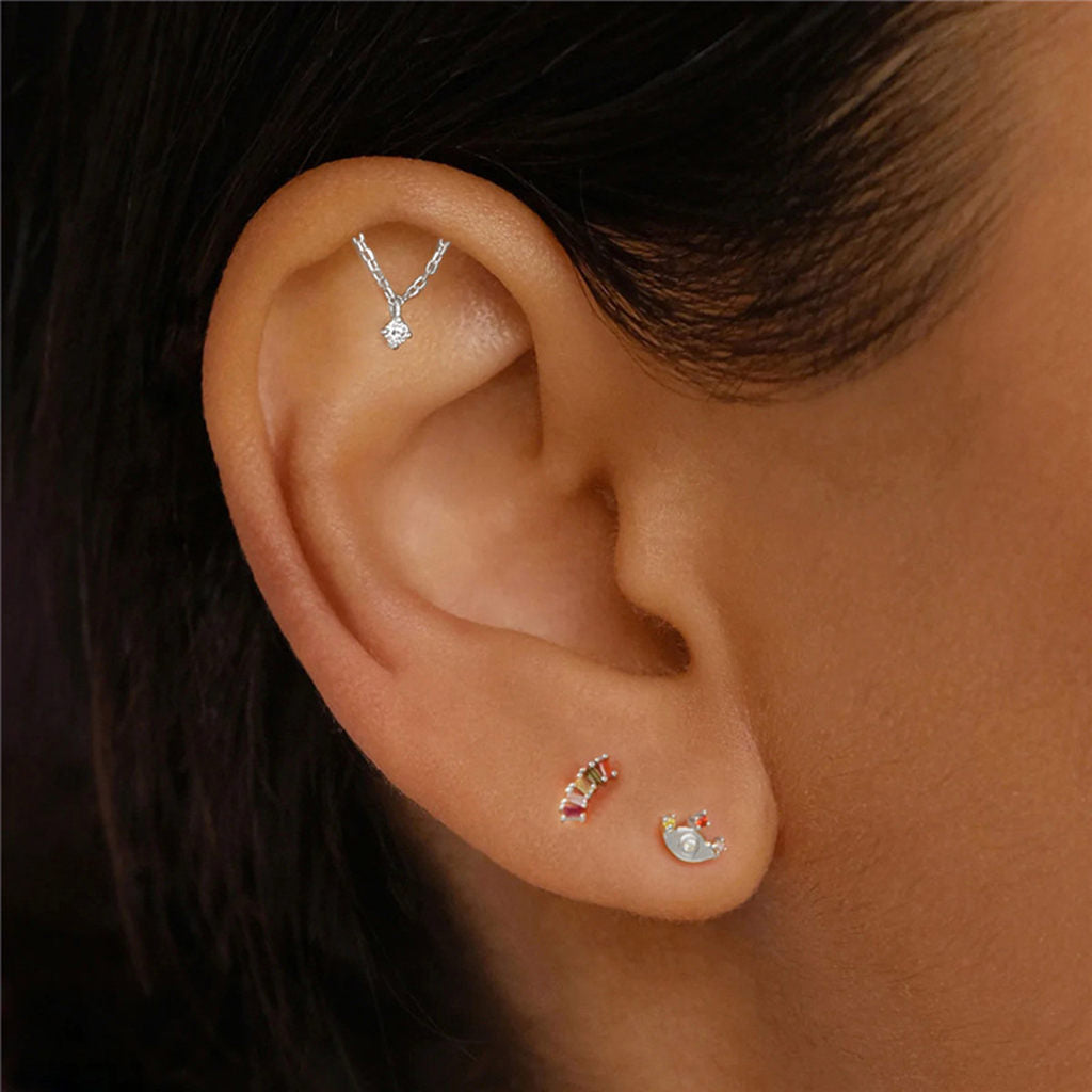 Titanium Curved Bar with CZ Dangle Top Flat Back Stud Earrings-Tragus | Cartilage | Daith | Conch-3-Glitters