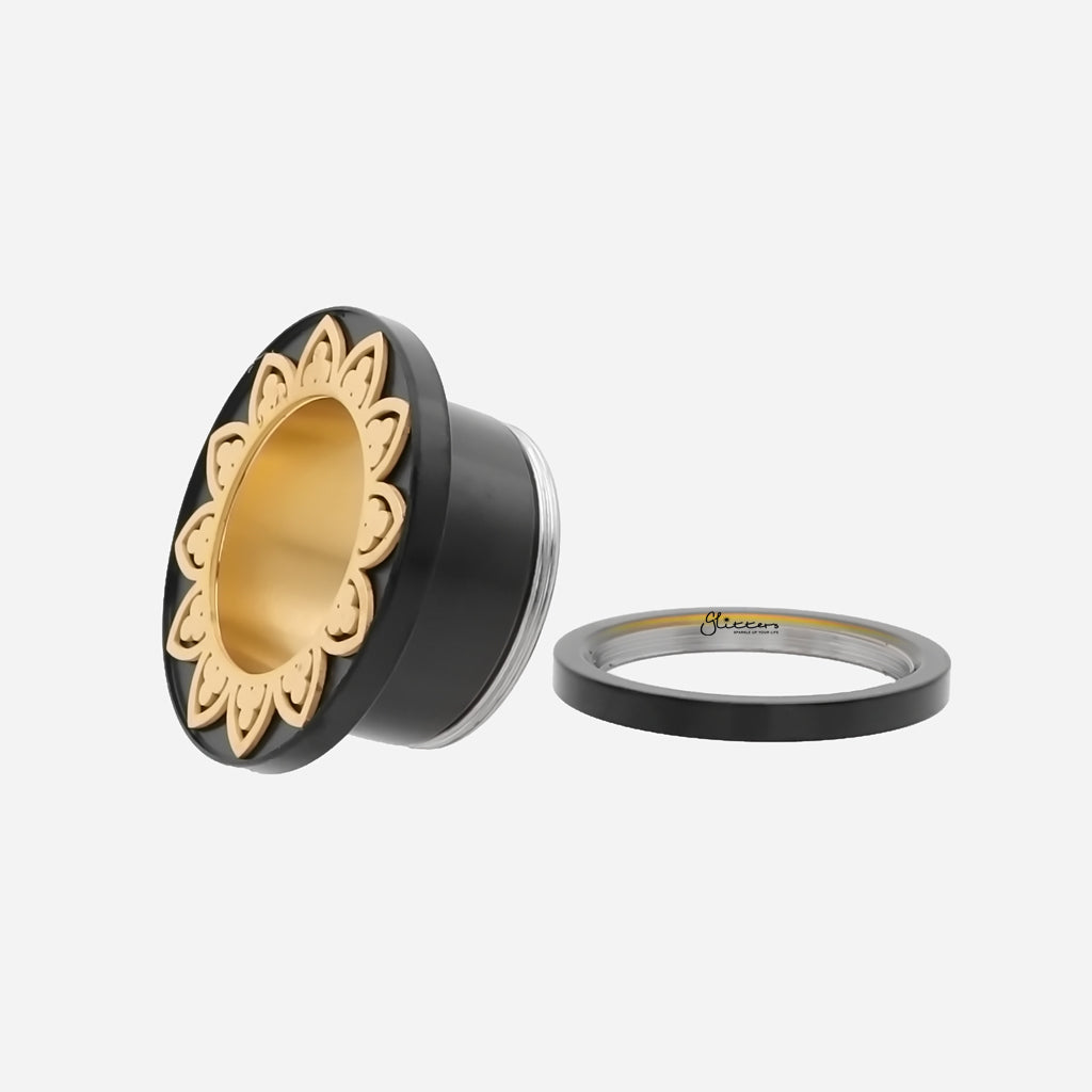 Black Screw Fit Tunnel Ear Plug with Gold Filigree Rim-Tunnels-4-Glitters