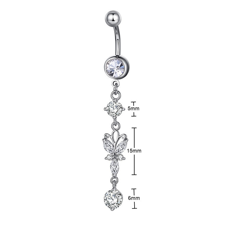 Butterfly Dangle Belly Button Navel Ring - Silver-Belly Ring, Body Piercing Jewellery, Cubic Zirconia-BJ0358-S_New-Glitters