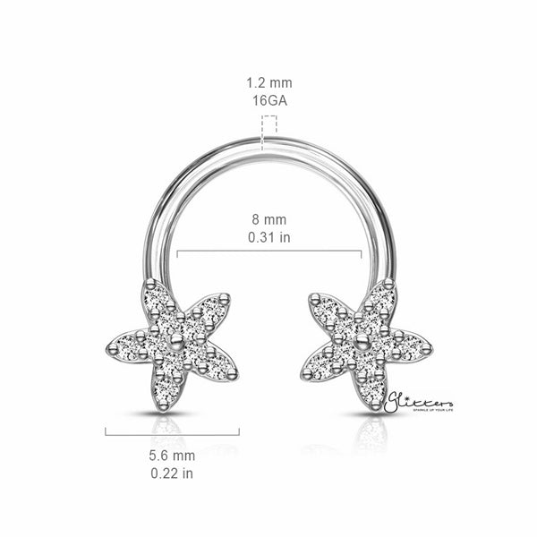 Surgical Steel Front Facing CZ Flower Ends Horseshoes Barbell - Silver-Body Piercing Jewellery, Cubic Zirconia, Horseshoe, Septum Ring, Tragus-CP0019-02_600-Glitters