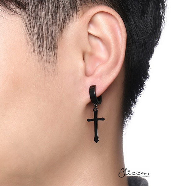 Non-Pierced Stainless Steel Clip On Cross Dangle Hoop Earrings - Black-earrings, Fake Earrings, Hinged Earrings, Hoop Earrings, Jewellery, Men's Earrings, Men's Jewellery, Non-Pierced, Stainless Steel, Women's Earrings, Women's Jewellery-EC0064_k03-Glitters