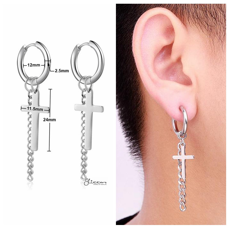 Stainless Steel Drop Cross with Chain Huggie Hoop Earrings - Silver-Chain Earring, earrings, Hoop Earrings, Huggie Earrings, Jewellery, Men's Earrings, Men's Jewellery, Stainless Steel, Women's Earrings-ER1481-S2-Glitters