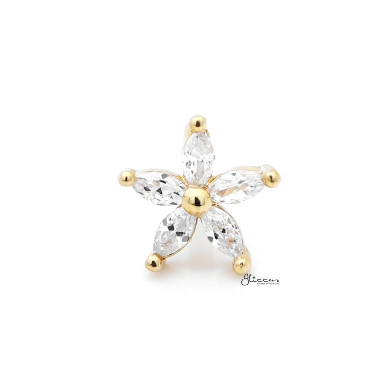 Five Petal CZ Flower Cartilage Tragus Piercing Earring - Gold-Body Piercing Jewellery, Cartilage, Cubic Zirconia, earrings, Jewellery, Tragus, Women's Earrings, Women's Jewellery-FivePetalClearCZFlowerg01-Glitters