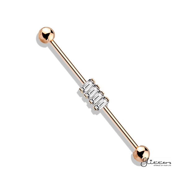 316L Surgical Steel Industrial Barbells with 4 Square CZ Set-Body Piercing Jewellery, Cubic Zirconia, Industrial Barbell-IB0003-BI79-RG-Glitters