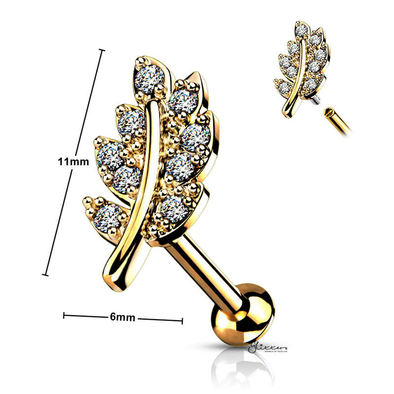 C.Z Paved Leaf Top on Internally Threaded Flat Back Stud - Gold-Body Piercing Jewellery, Cartilage, Cubic Zirconia, Jewellery, Tragus, Women's Earrings, Women's Jewellery-LIE01-GDC_New-Glitters