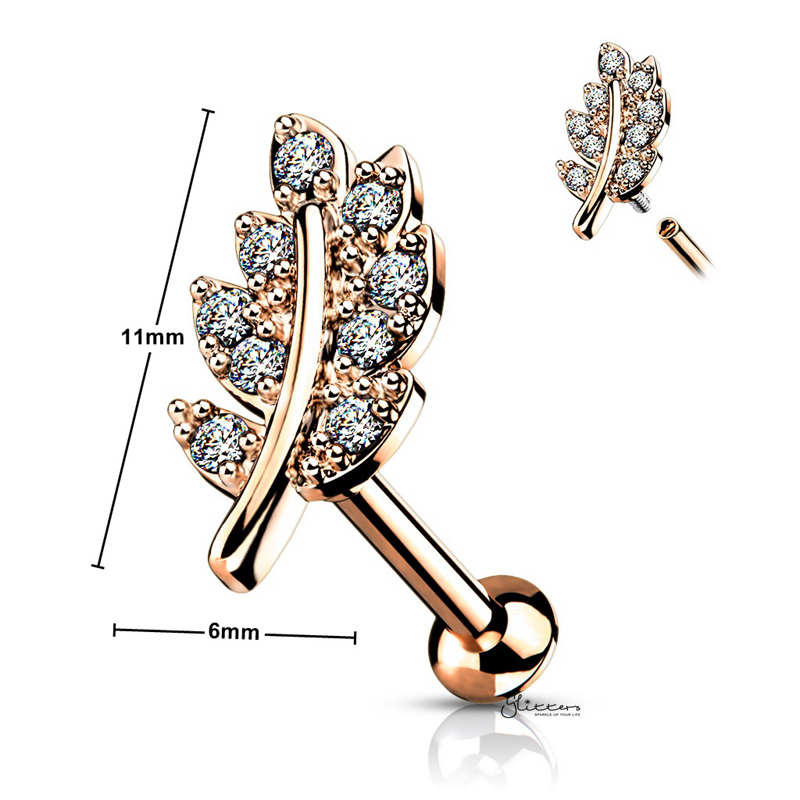 C.Z Paved Leaf Top on Internally Threaded Flat Back Stud - Rose Gold-Body Piercing Jewellery, Cartilage, Cubic Zirconia, Jewellery, Tragus, Women's Earrings, Women's Jewellery-LIE01-RDC_New-Glitters