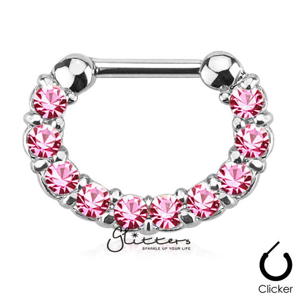 316L Surgical Steel Single Line Paved Gem Septum Clicker-Pink-Body Piercing Jewellery, Cubic Zirconia, Nose, Septum Ring-MS10-P-3-Glitters