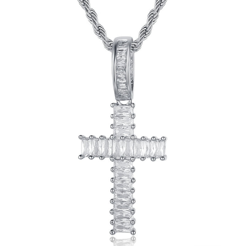 Baguette Diamond Cross Pendant - Silver-Hip Hop, Hip Hop Pendant, Iced Out, Jewellery, Men's Necklace, Necklaces, Pendants, Women's Jewellery, Women's Necklace-NK1045-S2-800-Glitters