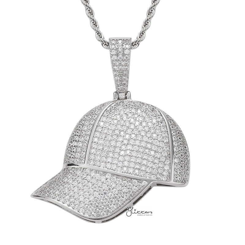 Iced Out Baseball Cap Pendant - Silver-Hip Hop, Hip Hop Pendant, Iced Out, Men's Necklace, Necklaces, Pendants-NK1077S1-Glitters