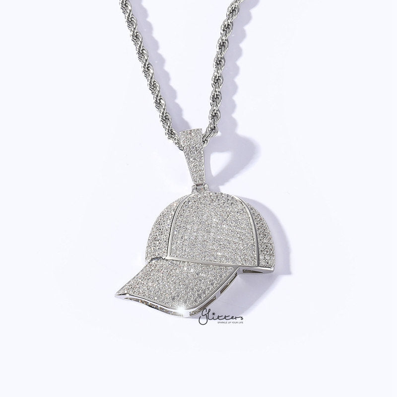 Iced Out Baseball Cap Pendant - Silver-Hip Hop, Hip Hop Pendant, Iced Out, Men's Necklace, Necklaces, Pendants-NK1077S2-Glitters