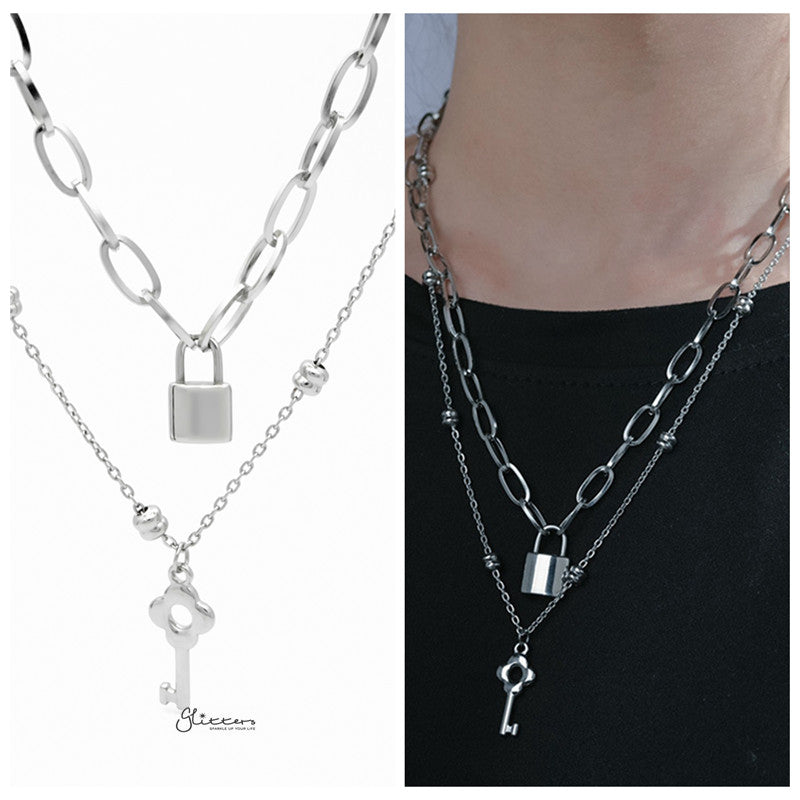 Stainless Steel Key and Lock Pendants Double Layer Necklace-Jewellery, Men's Necklace, Necklaces, Stainless Steel Chain, Women's Jewellery, Women's Necklace-NK1095-1_1-Glitters