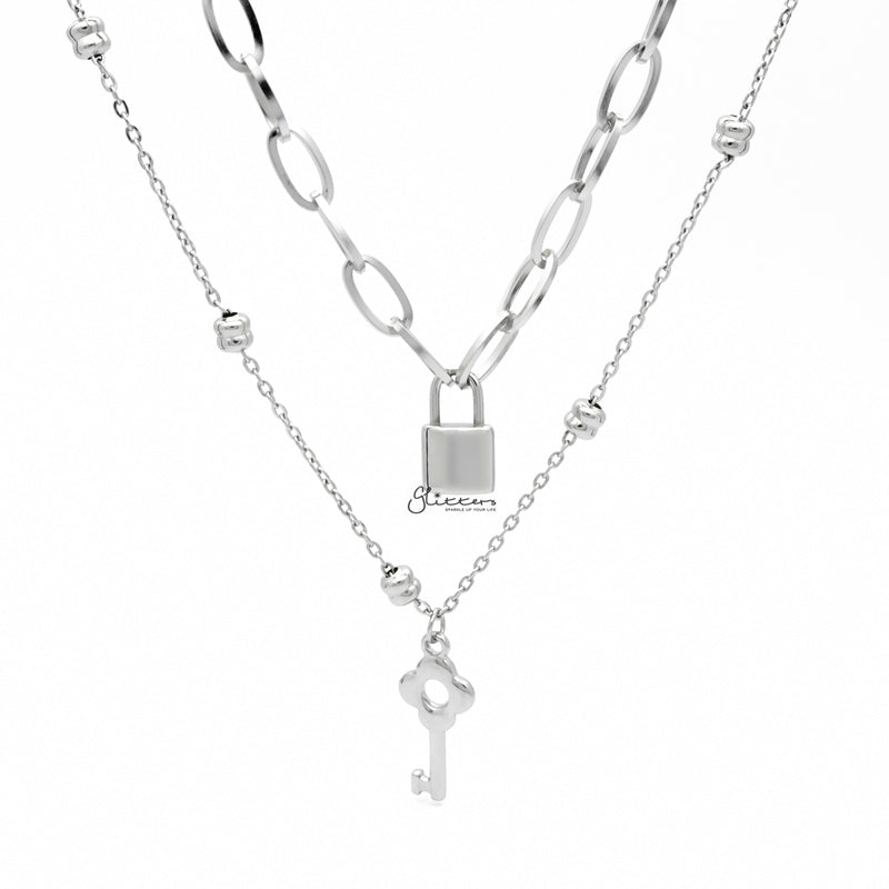 Stainless Steel Key and Lock Pendants Double Layer Necklace-Jewellery, Men's Necklace, Necklaces, Stainless Steel Chain, Women's Jewellery, Women's Necklace-NK1095-1_2-Glitters