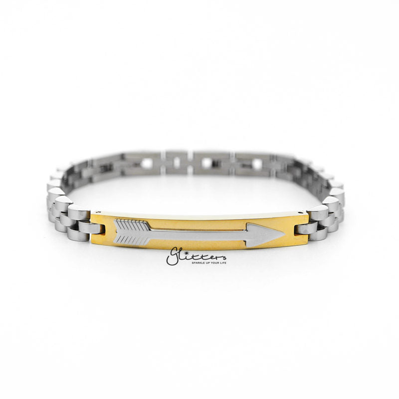 Stainless Steel Tow Tone Arrow ID Men's Bracelets - Gold | Black-Bracelets, Engravable, ID Bracelet, Jewellery, Men's Bracelet, Men's Jewellery, Stainless Steel, Stainless Steel Bracelet-SB0072_G_800-01-Glitters