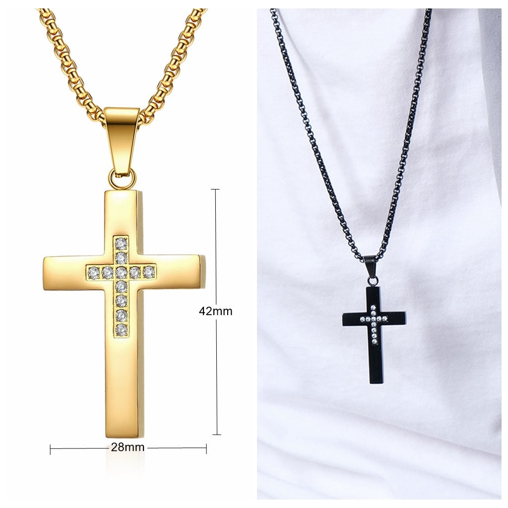Cross Pendant with C.Z Inlaid in the Middle - Gold-Cubic Zirconia, Jewellery, Men's Jewellery, Men's Necklace, Necklaces, New, Pendants, Stainless Steel, Stainless Steel Pendant-SP0317-G4_New-Glitters