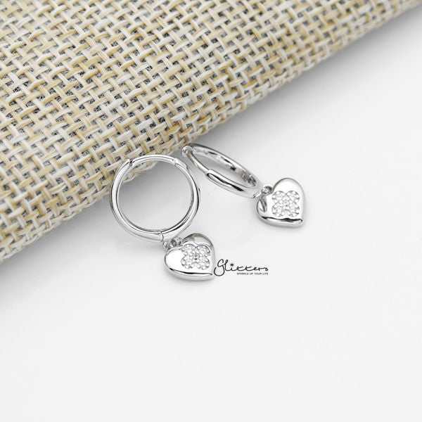 925 Sterling Silver Dangle C.Z Heart One-Touch Huggie Hoop Earrings-Cubic Zirconia, earrings, Hoop Earrings, Jewellery, Women's Earrings, Women's Jewellery-SSE0376-S_600-Glitters