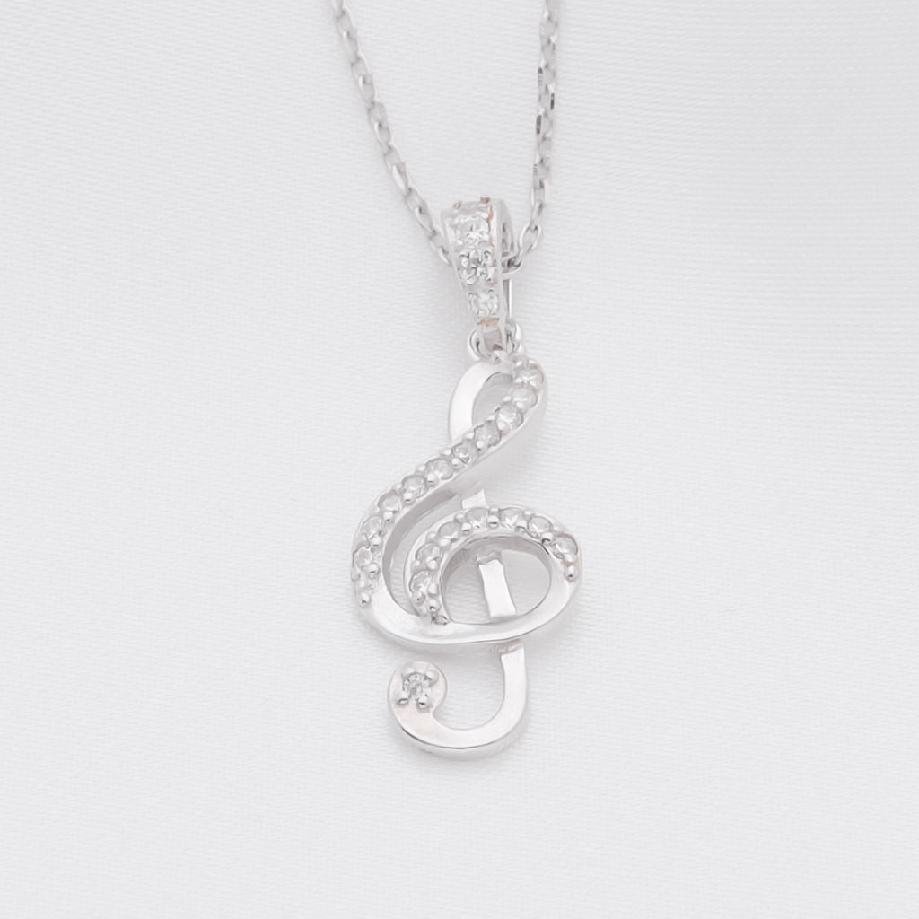 CZ Musical Note Sterling Silver Necklace-Cubic Zirconia, Jewellery, Necklaces, New, Sterling Silver Necklaces, Women's Jewellery, Women's Necklace-SSP0073_1-Glitters