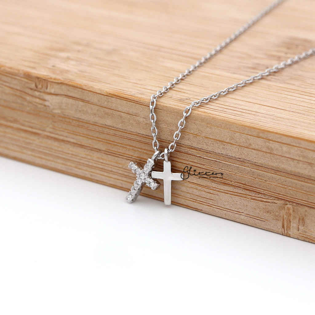 Sterling Silver CZ Paved Cross with Plain Cross Women's Necklace-Cubic Zirconia, Jewellery, Necklaces, Sterling Silver Necklaces, Women's Jewellery, Women's Necklace-SSP0126-1000-02-Glitters