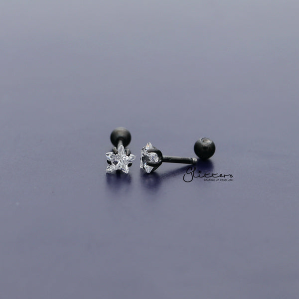 316L Surgical Steel Prong Set Star CZ Cartilage/Tragus Barbell Studs - Black/Clear-Body Piercing Jewellery, Cartilage, Cubic Zirconia, Jewellery, Tragus, Women's Earrings, Women's Jewellery-TG0019_01-Glitters