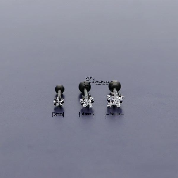 316L Surgical Steel Prong Set Star CZ Cartilage/Tragus Barbell Studs - Black/Clear-Body Piercing Jewellery, Cartilage, Cubic Zirconia, Jewellery, Tragus, Women's Earrings, Women's Jewellery-TG0019_02_New-Glitters